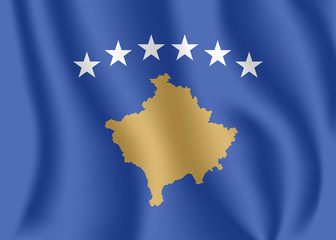 Flag of Kosovo. Realistic waving flag of Republic of Kosovo. Fabric textured flowing flag of Kosovo.