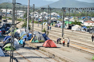 Idomeni, Greece, April 15, 2016 - Hundreds of migrants and refugees are camping at the...