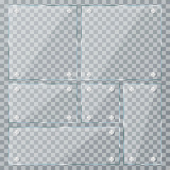 Glass plates on transparent background. Empty realistic acrylic plates with metal clamps