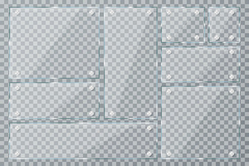 Glass plates on transparent background. Empty realistic acrylic plates with metal clamps