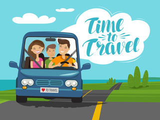 Time to travel, concept. Happy family rides car on journey. Cartoon vector illustration