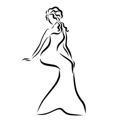 Young beautiful lady in long dress, black lines