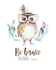 Cute bohemian baby owl animal for kindergarten, woodland nursery isolated decoration forest owls illustration for children forest animals pattern. Watercolor hand drawn boho set