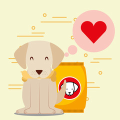dog with bone sitting next to full dry food bowl and bag package vector illustration