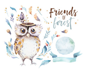 Cute bohemian baby owl animal for kindergarten, woodland nursery isolated decoration forest owls illustration for children forest animals pattern. Watercolor hand drawn boho set