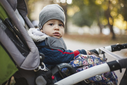 Portrait of cute toddler sitting on baby stroller at park during autumn