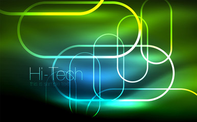 Glowing ellipses dark background, waves and swirl, neon light effect, shiny vector magic effects