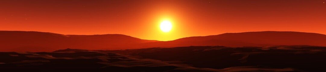 sunset over the hills, the sun over the silhouettes of the mountains
3D rendering
