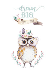 Cute bohemian baby owl animal for kindergarten, woodland nursery isolated decoration forest owls illustration for children forest animals pattern. Watercolor hand drawn boho set