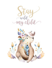 Cute bohemian baby bear animal for kindergarten, woodland nursery isolated decoration forest illustration for children forest animals pattern. Watercolor hand drawn boho set