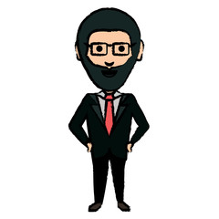 cartoon businessman with beard and glasses standing over white background, colorful design. vector illustration