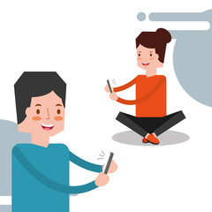 young people man and woman using technology gadget smartphone vector illustration