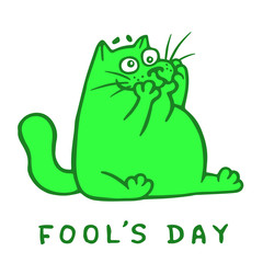 Cartoon fat green cat makes a crazy face. Vector Illustration