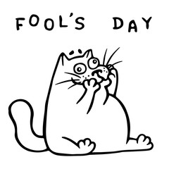 Funny fat doodle cat makes a comic face. Vector Illustration