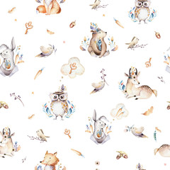 Pépinière d& 39 animaux de bébé modèle sans couture isolé avec des bannies. Aquarelle boho mignon bébé renard, cerf animal lapin des bois et ours illustration isolée pour les enfants. Image de forêt de lapin