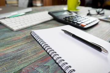Office desk table with supplies. Top view. Copy space for text