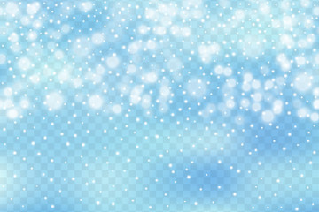 Winter illustration with falling snow, bokeh on blue defocused transporant background. New year, Christmas vector background.