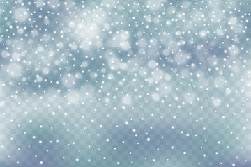 Winter illustration with falling snow, bokeh on grey defocused transporant background. New year, Christmas vector background.