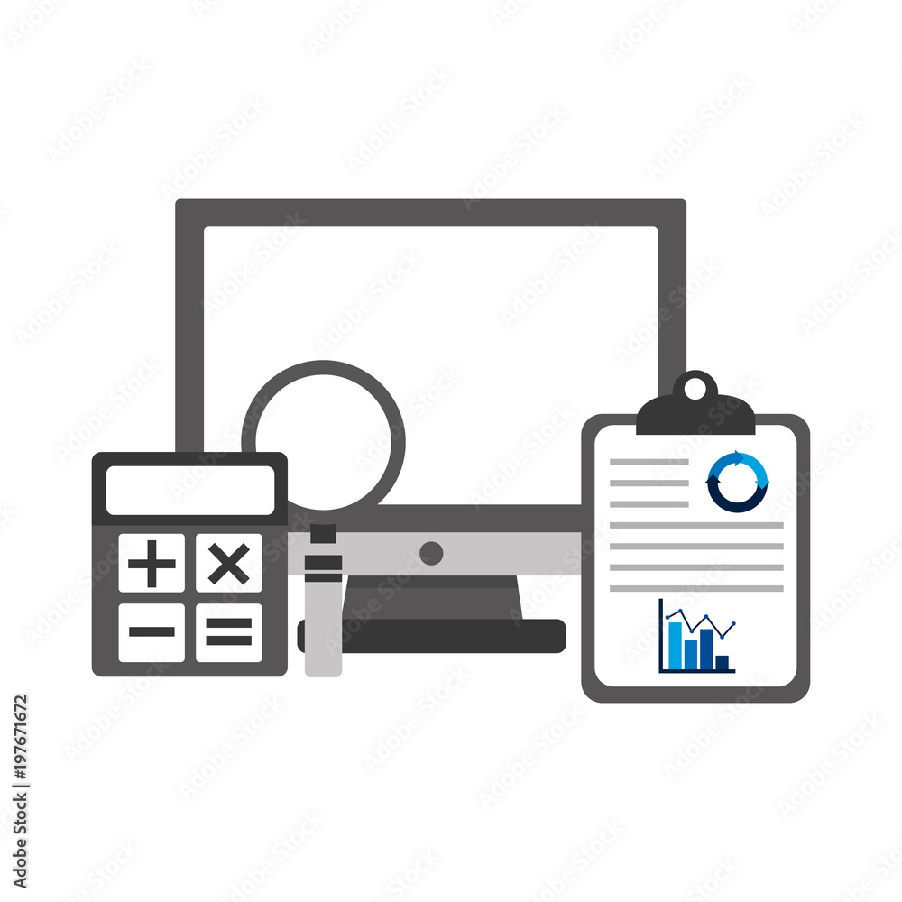 Poster computer clipboard calculator analysis statistic graph vector illustration