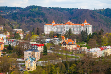 Beautiful panoramic view of famous spa town Karlovy Vary, Czech Republic