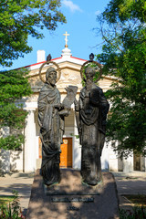 Fototapeta na wymiar The monument to Cyril and Methodius in front of the Peter and Paul Cathedral in Sevastopol