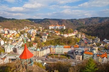 KARLOVY VARY, CZECH REPUBLIC - APRIL 29, 2017: Aerial view of town from hill of Peter the Great