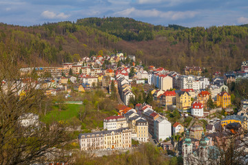 KARLOVY VARY, CZECH REPUBLIC - APRIL 29, 2017: Aerial view of town from hill of Peter the Great