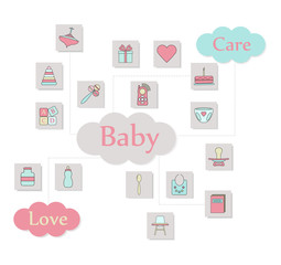 Big square web icon set. Baby, toy, feed and care colorful ready to use isolated icons on white background.