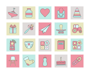 Big web square icon set. Baby, toy, feed and care colorful ready to use isolated icons on white background.