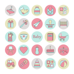 Big circle web icon set. Baby, toy, feed and care colorful ready to use isolated icons on white background.