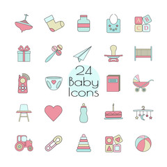 Big web icon set. Baby, toy, feed and care24 colorful ready to use isolated icons on white background.