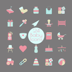 Big web icon set. Baby, toy, feed and care24 colorful ready to use isolated icons on dark background.