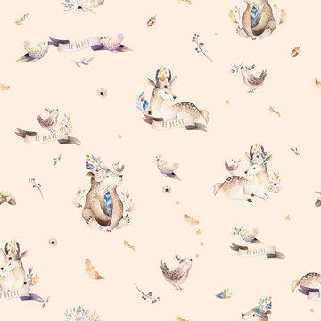 Baby animals nursery isolated seamless pattern with bannies. Watercolor boho cute baby fox, deer animal woodland rabbit and bear isolated illustration for children. Bunny forest image