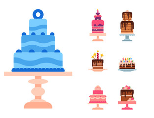 Wedding or Birthday pie cakes flat sweets dessert bakery ceremony delicious vector illustration.