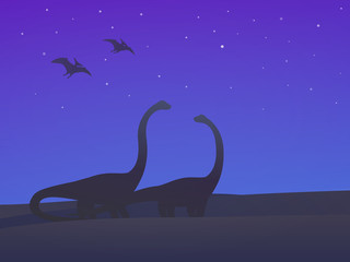 dinosaurs, sauropods and pterodactyls at night vector illustration © nexusby