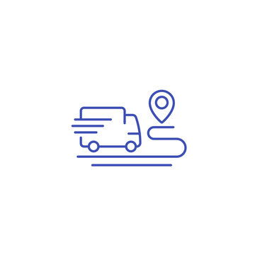 delivery service icon, van and destination point, linear style