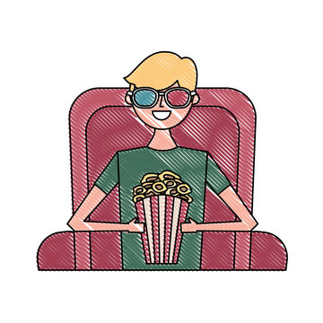 Man Sitting On Chair Movie Flim With 3d Glasses Soda And Nacho   Vector Illustration