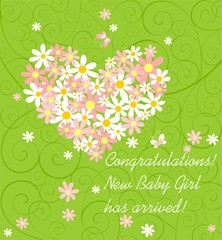 Baby girl arrival greeting green card with pink and white daisy bouquet with heart shape