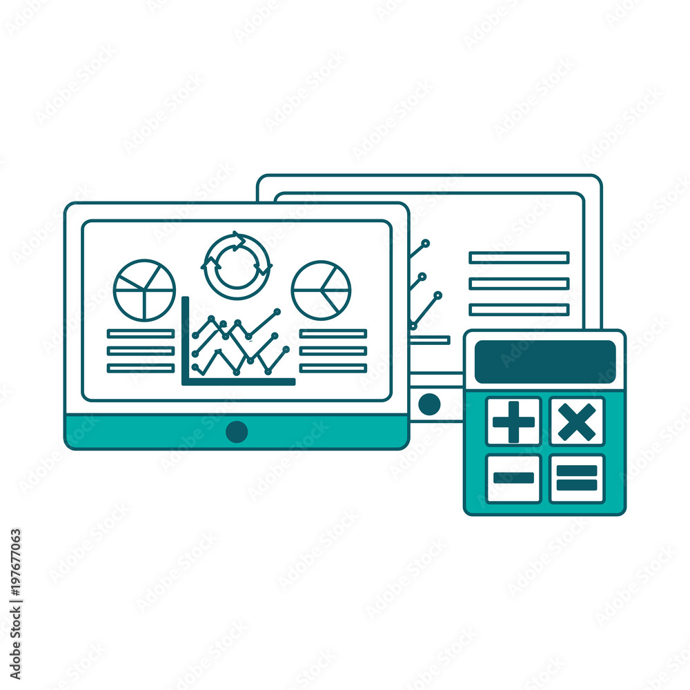 Poster tablet computer statistics analysis data financial vector illustration green design