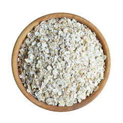 Oat flakes in wooden bowl isolated on white background