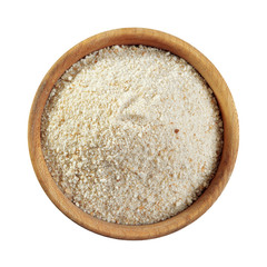 Breadcrumbs in wooden bowl isolated on white background, top view