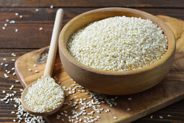 Sesame seeds in wooden bowl
