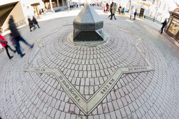 Kazan, Russia - MARCH 10, 2018: A bronze compass on Baumana street, Kazan, Russia. Fish-eye view.