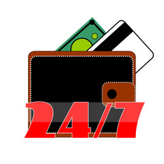 Berdyansk, Ukraine, 03/22/2018 Brown, black wallet purse with button, cash green, credit card, bank, white on white background, vector, dollar, credit card, business hours 24 hours 7 days a week