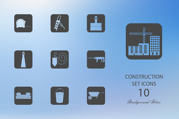 Construction. Set of flat icons on blurred background