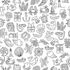 Naklejka premium Diving hand draw cartoon seamless pattern. Diving and water sport and adventure repeatable background with diving and scuba equipment, sea life, animals and cartoon vector elements. Diving seamless