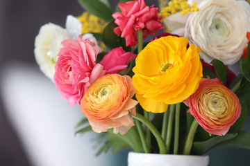 Vase with beautiful ranunculus flowers on blurred background