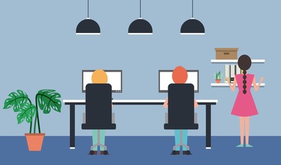 people sitting view back chairs table and computers and woman looking shelfbooks vector illustration