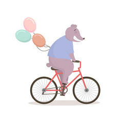 Cute joyful bear riding a bicycle. Vector illustration.