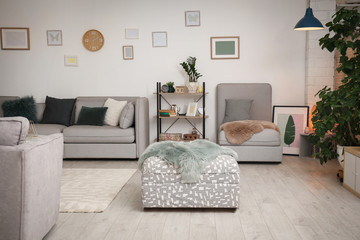 Modern living room interior with comfortable sofa and ottoman